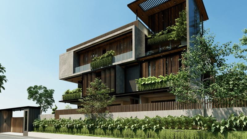 Daytime villa facade with layered timber slat screens, planter boxes and dense surrounding foliage, Hyderabad