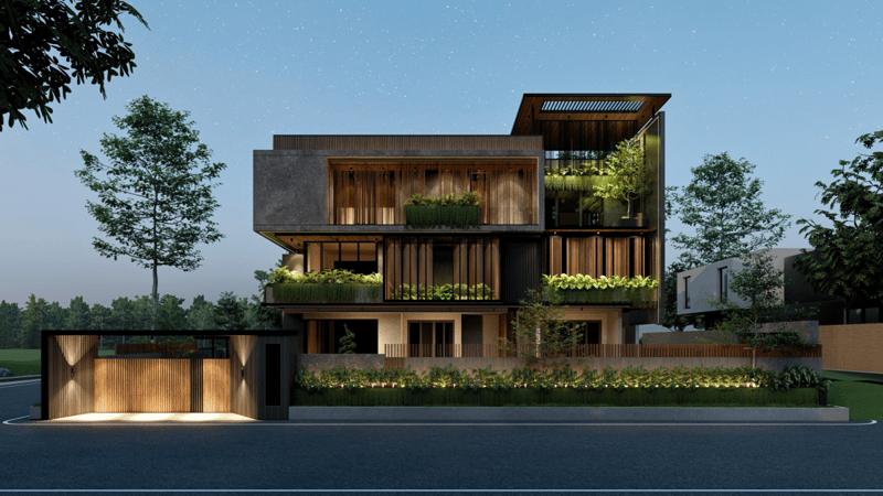 Multi-storey contemporary villa at dusk with planted terraces, wood screens and warm courtyard lighting