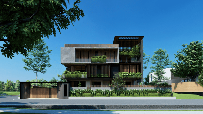 Modern Hyderabad villa exterior with vertical garden planters, timber louvres and exposed concrete facade