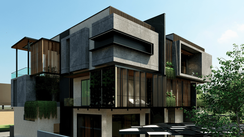 Angular modern villa in charcoal stone and wood with glass corner windows and trailing terrace plants