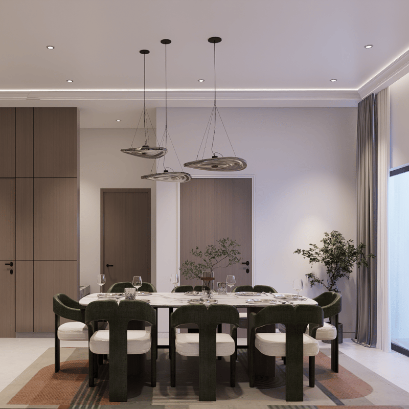 Dining room with oval table, sculptural green chairs, cluster of glass pendants and wood wardrobe wall, Hyderabad