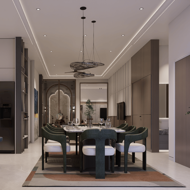 Dining area with arched mirror niche, green velvet chairs, marble disc pendants and warm wood storage, Hyderabad