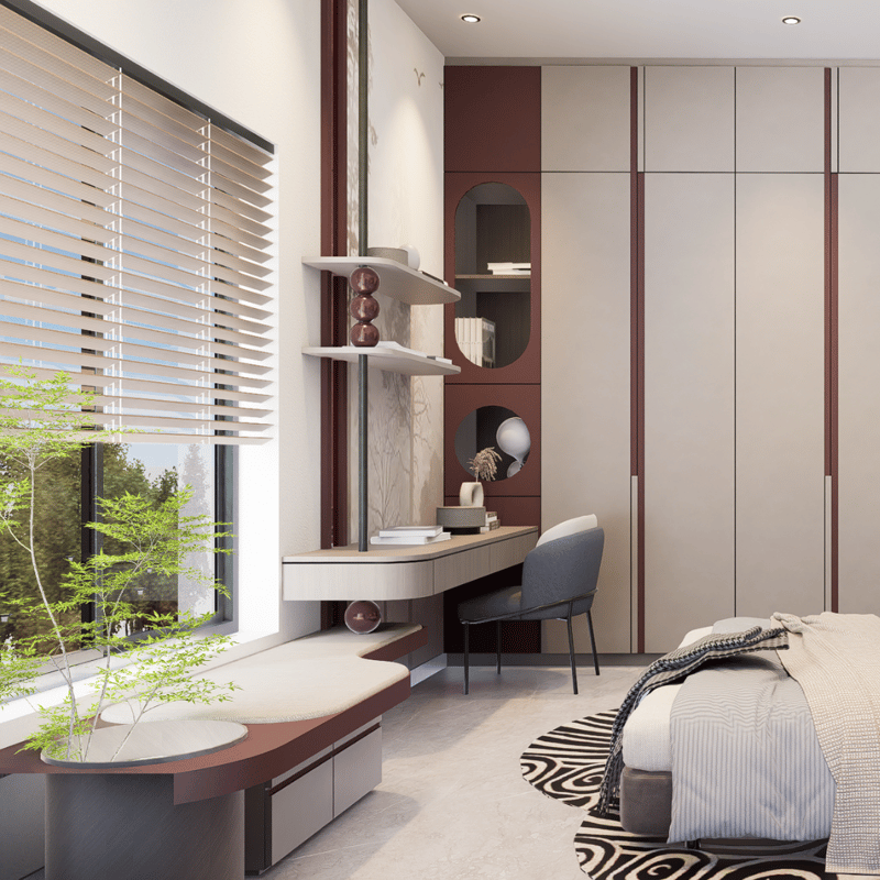 Compact bedroom dressing zone with floating desk, open shelving, beige wardrobes and a curved bench by the window, Hyderabad