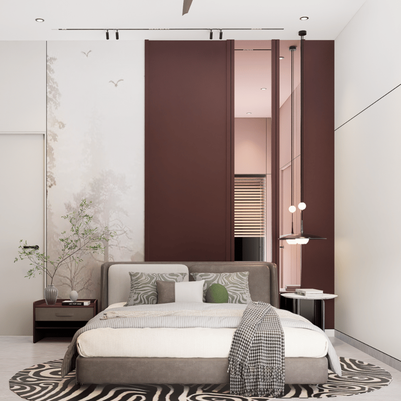 Modern bedroom with maroon wardrobe panels, grey upholstered bed, misty forest wall mural and zebra-print rug, Hyderabad