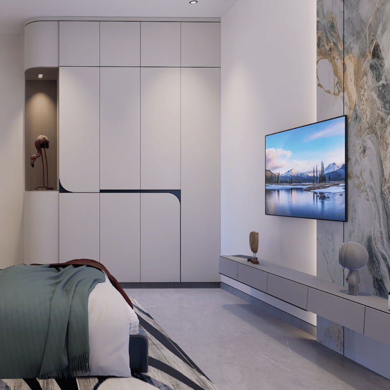 Bedroom with handle-less white wardrobes, wall-mounted TV on a veined marble panel and floating console, Hyderabad