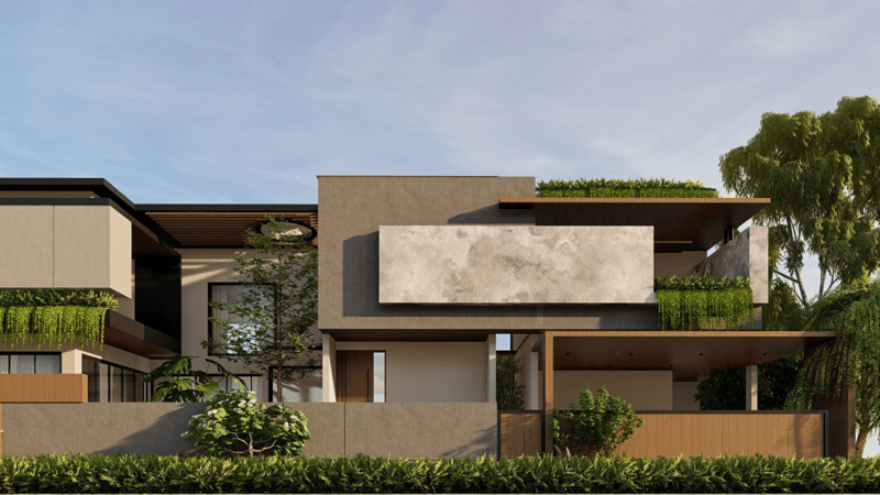3D render of a modern Hyderabad villa exterior with flat roofs, wood-slat cladding, exposed concrete and cascading vertical greenery