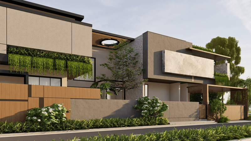 Architectural render of a contemporary villa with layered terraces, timber screens and trailing planters against a clear sky, Hyderabad