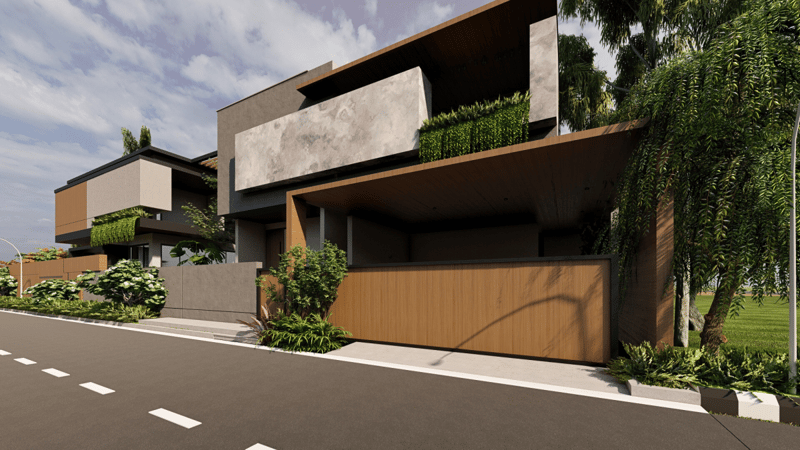 Roadside render of a contemporary villa with cantilevered concrete block, wood-clad gate and tall palms, Hyderabad