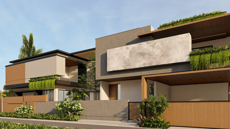 Modern villa facade render in concrete and wood-slat panels with hanging greenery and louvred screens, Hyderabad residence