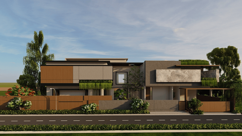 Street-view render of a modern Hyderabad villa with stacked volumes, timber cladding, exposed concrete and vertical garden planters