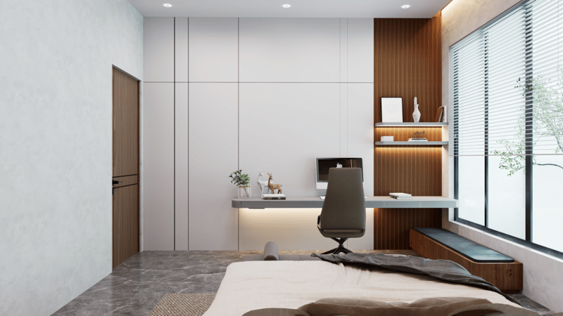 Bedroom study nook with floating desk, leather office chair, white wardrobes and wood-slat accent, Hyderabad