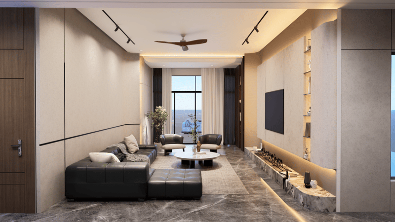Modern living room with charcoal leather sectional, wood-panelled walls, marble TV unit and floating console, Hyderabad