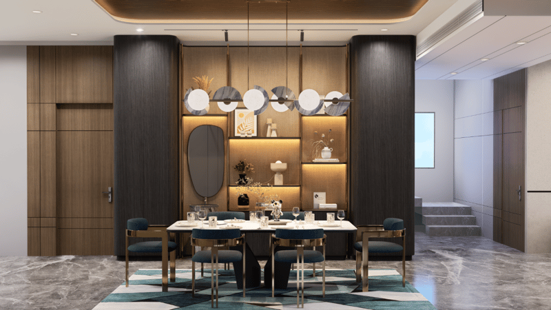 Elegant dining area in Hyderabad with white marble table, navy velvet chairs and a backlit wood display wall