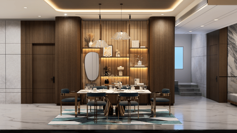 Dining room with walnut fluted wall, gold-framed table, blue velvet chairs, glass pendants and teal geometric rug, Hyderabad