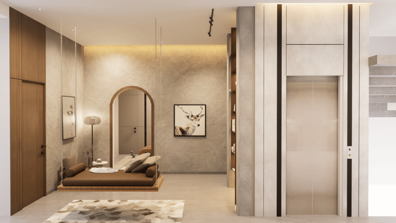 Modern foyer in Hyderabad with arched mirror, textured plaster walls, a daybed and a mirror-clad lift lobby