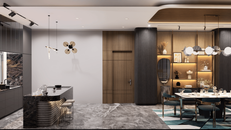 Dramatic open dining and kitchen with dark marble surfaces, brass sputnik pendants and backlit display niches, Hyderabad