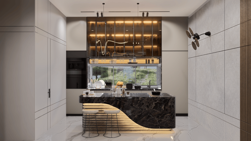 Sleek kitchen in Hyderabad with curved black marble island, gold bar stools and backlit cabinetry over a tiled floor