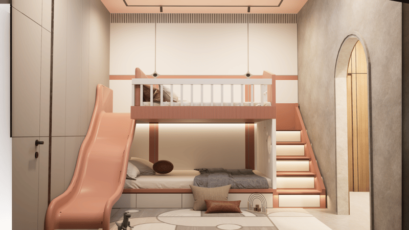 Kids room with loft bunk bed, peach-pink slide, lit storage staircase and arched niche, Hyderabad