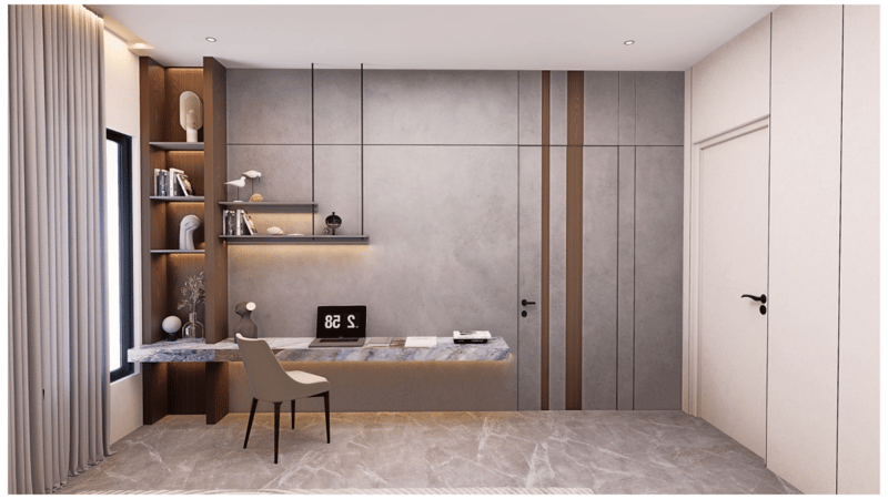 Home study with cantilevered marble desk, grey concrete-finish panels, floating shelves and tan chair, Hyderabad interior