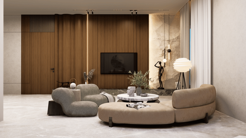 Lounge with curved boucle and beige sofas, round marble coffee tables, walnut wall and onyx accent, Hyderabad home
