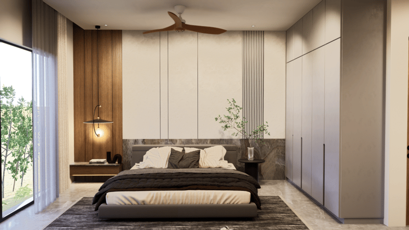 Bedroom with low platform bed, walnut and fluted headboard wall, full-height grey wardrobe and dark rug, Hyderabad home