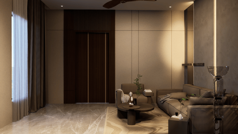 Living area with taupe modular sofa, beige fluted wall panels and marble floor, contemporary Hyderabad home interior