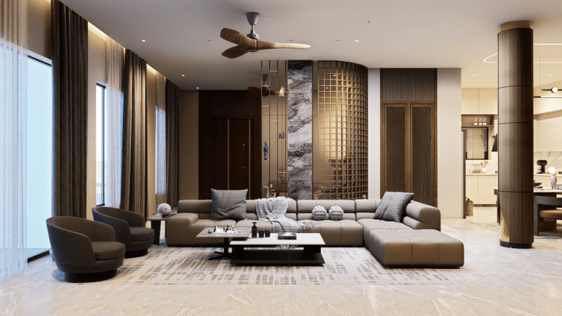 Double-height living room, grey L-shaped sofa, stone-jali partition and wooden columns, luxury Hyderabad full-home interior
