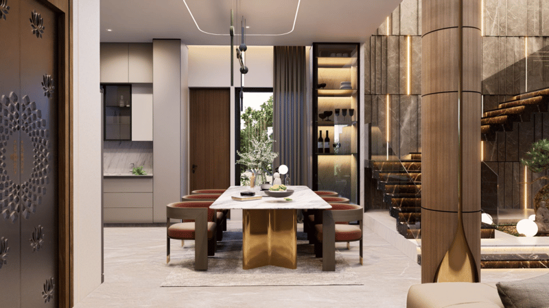 Dining area with marble-top table, leather chairs, brass base and glass wine cabinet beside open kitchen, Hyderabad