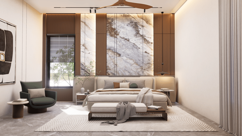 Bedroom with dramatic book-matched marble headboard, green accent armchair and ribbed curtain wall, Hyderabad interior