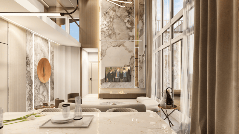 Double-height living space with book-matched marble feature wall, fluted panels and floor-to-ceiling drapes, Hyderabad