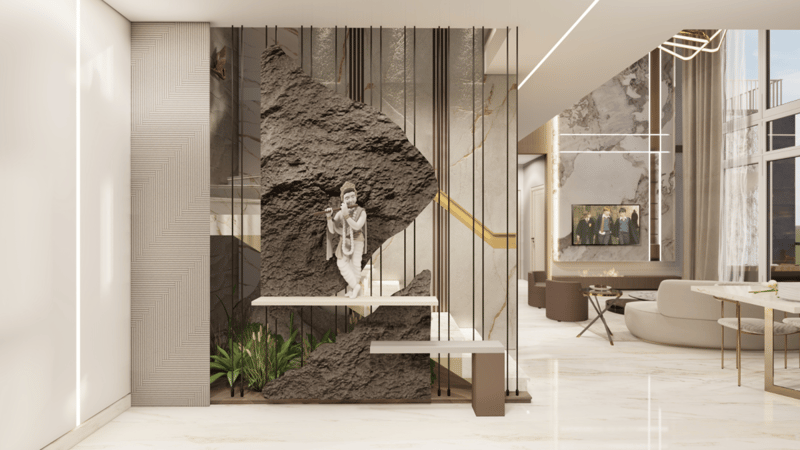 Sculptural rock-mounted statue feature wall with brass rods and floating ledge in a minimalist foyer, Hyderabad