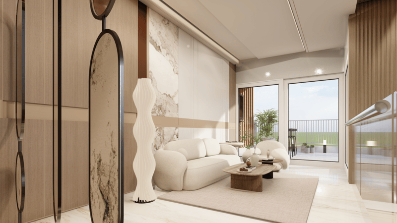 Minimalist living room with curving cream sofa, sculptural wavy floor lamp and marble feature panel, Hyderabad