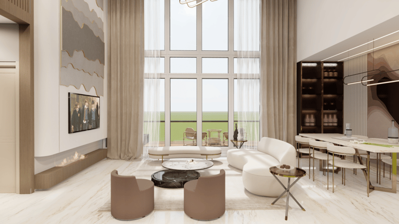 Double-height living room with floor-to-ceiling windows, curved white sofa, marble coffee table and mocha barrel chairs, Hyderabad