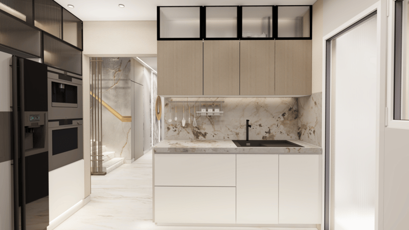 Modular kitchen with marble backsplash, black sink, oak cabinetry and integrated tall fridge and ovens, Hyderabad