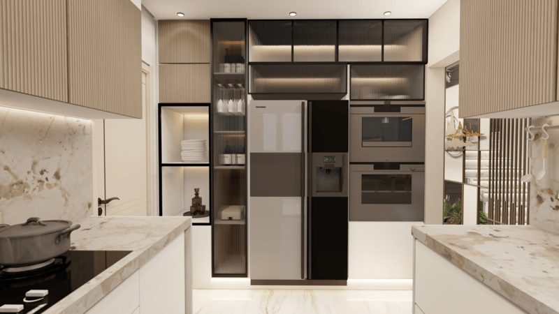 Kitchen with marble counters, glass-front display units and a tall black side-by-side fridge with ovens, Hyderabad