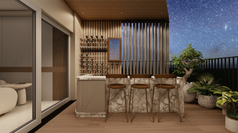 Terrace bar with marble counter, leather stools, wine rack and slatted wood screen under a night sky, Hyderabad