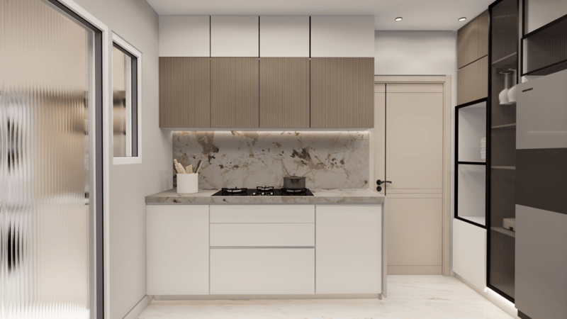 Compact white kitchen with marble backsplash, oak upper cabinets and stone countertop, Hyderabad
