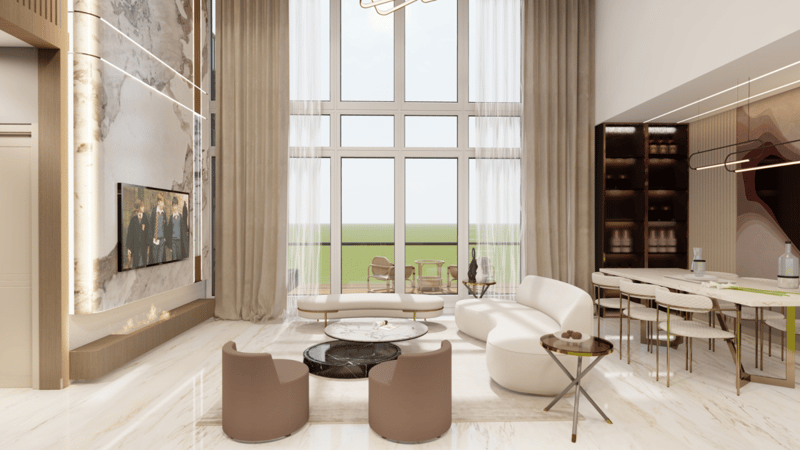 Minimalist living room with marble fireplace wall, taupe tub chairs and tall floor-to-ceiling windows, Hyderabad