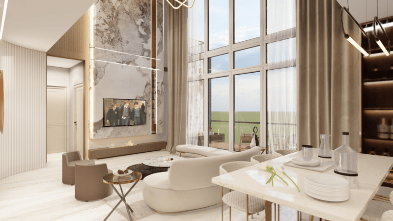 Double-height living room with marble TV feature wall, curved cream sofa and gold-leg dining table, Hyderabad