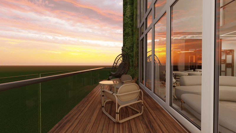 Wood-deck balcony with woven lounge chairs and side table overlooking a glowing sunset skyline, Hyderabad