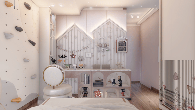 Girls room corner with house-shaped wall panels, vanity mirror, toy shelving and climbing holds, Hyderabad