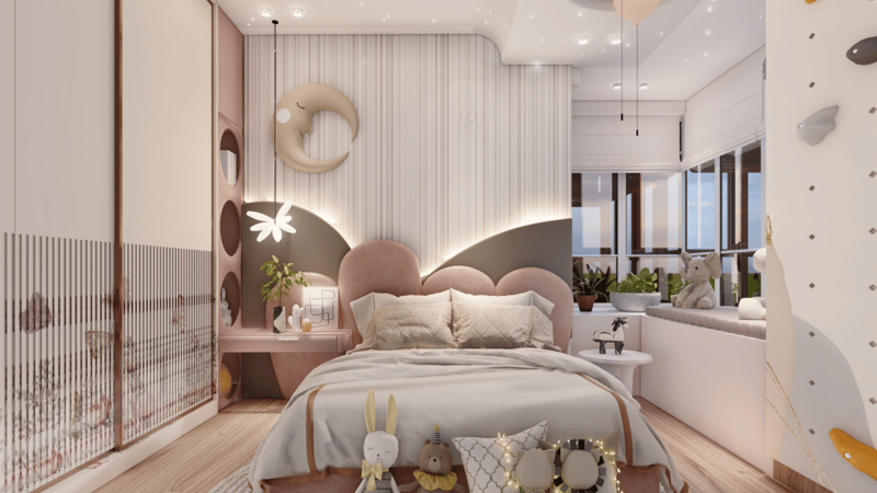 Kids bedroom with blush scalloped headboard, moon decor, climbing wall and bay-window reading nook, Hyderabad