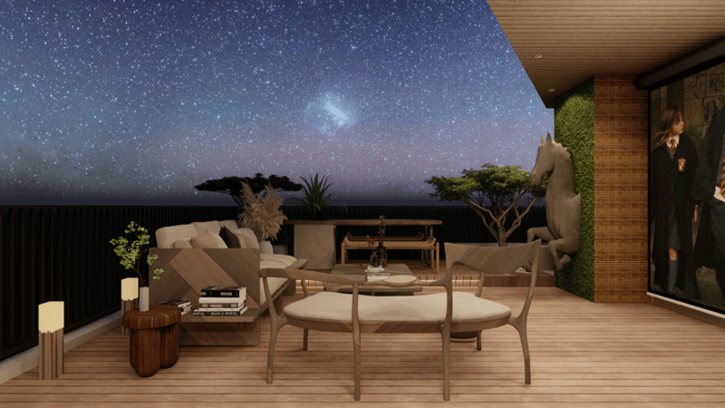 Rooftop terrace at night with grey sofa set, horse sculpture, green wall and starry sky backdrop, Hyderabad