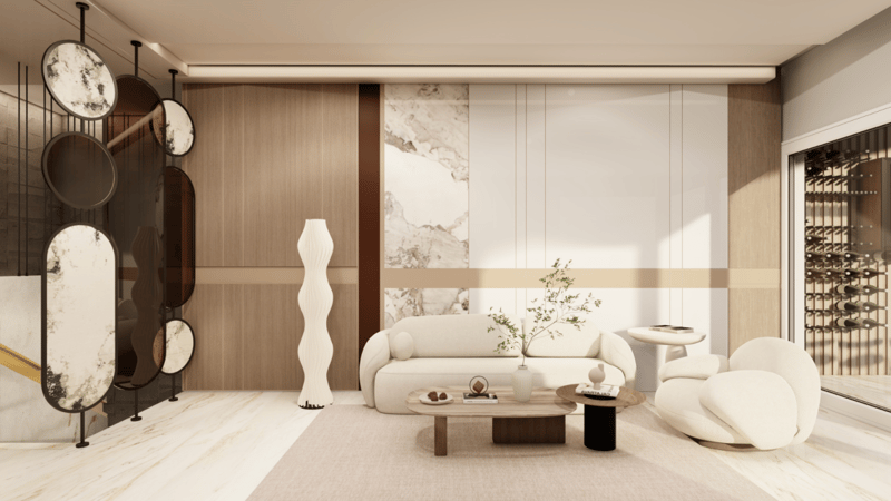 Minimalist living room with marble-disc art screen, curved cream sofa and sculptural ribbed floor lamp, Hyderabad