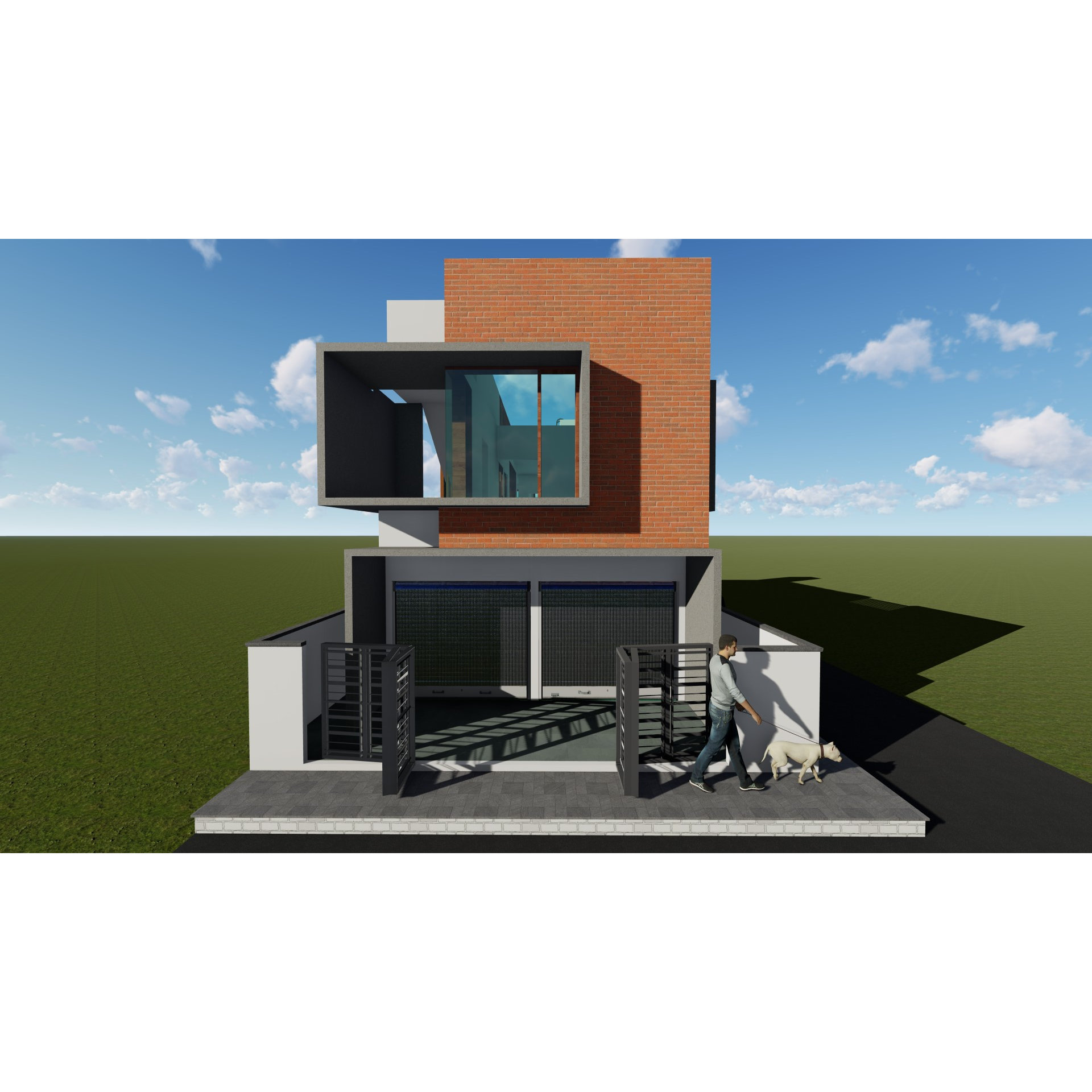 3D architectural model of a student hostel exterior in brick and grey concrete with cantilevered upper block, Suryapet