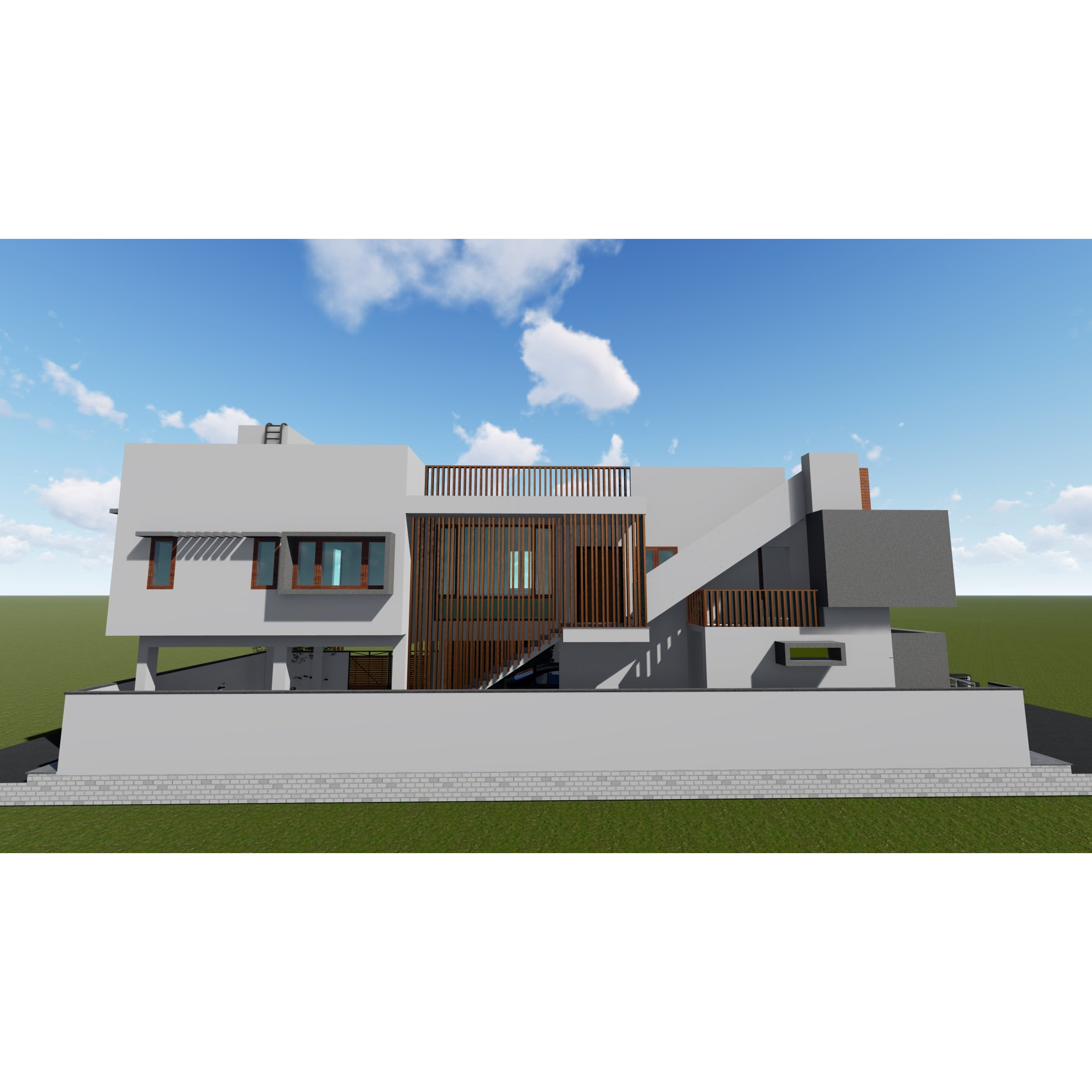 Side elevation 3D model of a student hostel with vertical timber screen, terrace parapet and white concrete massing, Suryapet