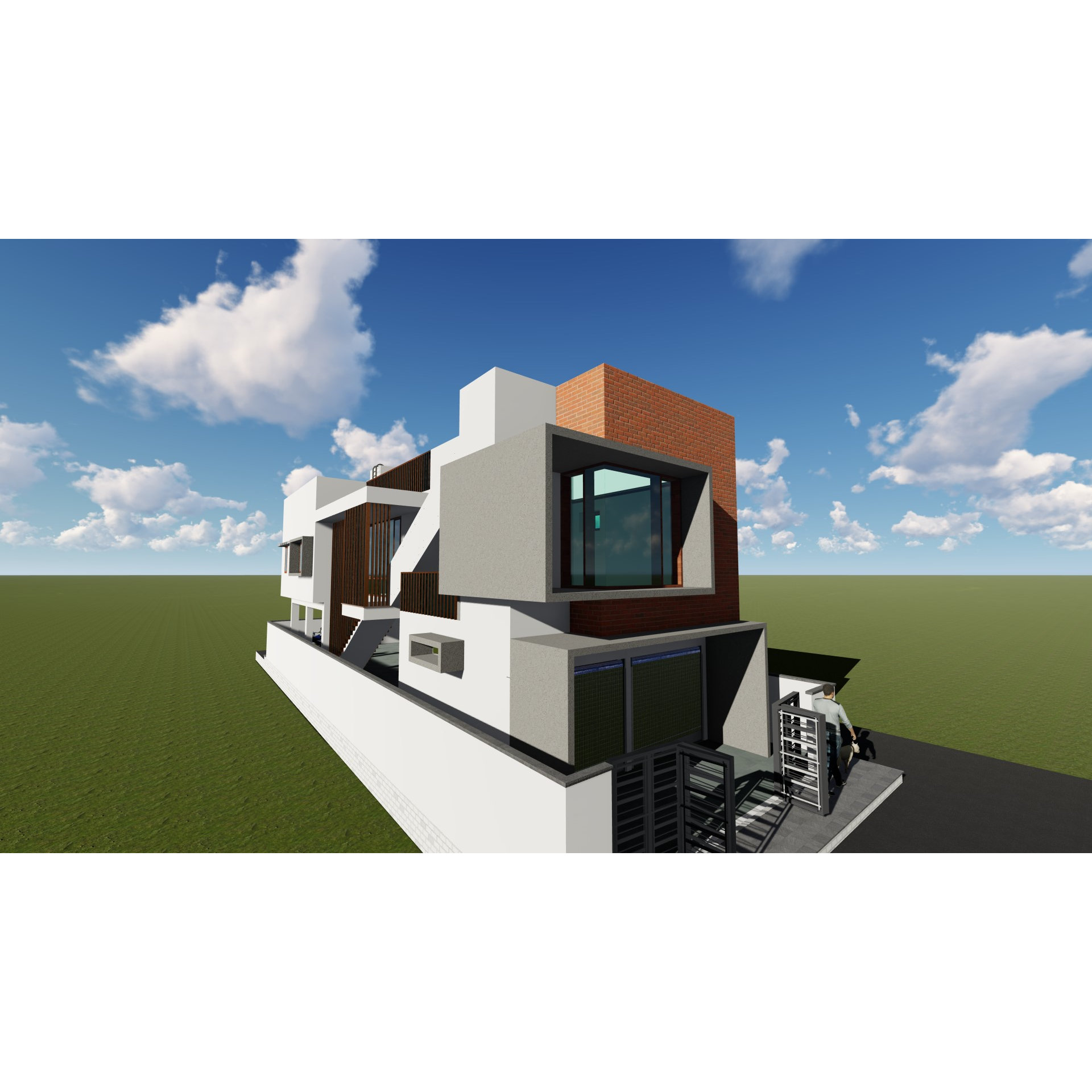 Rear-corner 3D render of a student hostel with brick-and-white volumes, glazed corner room and external stair, Suryapet