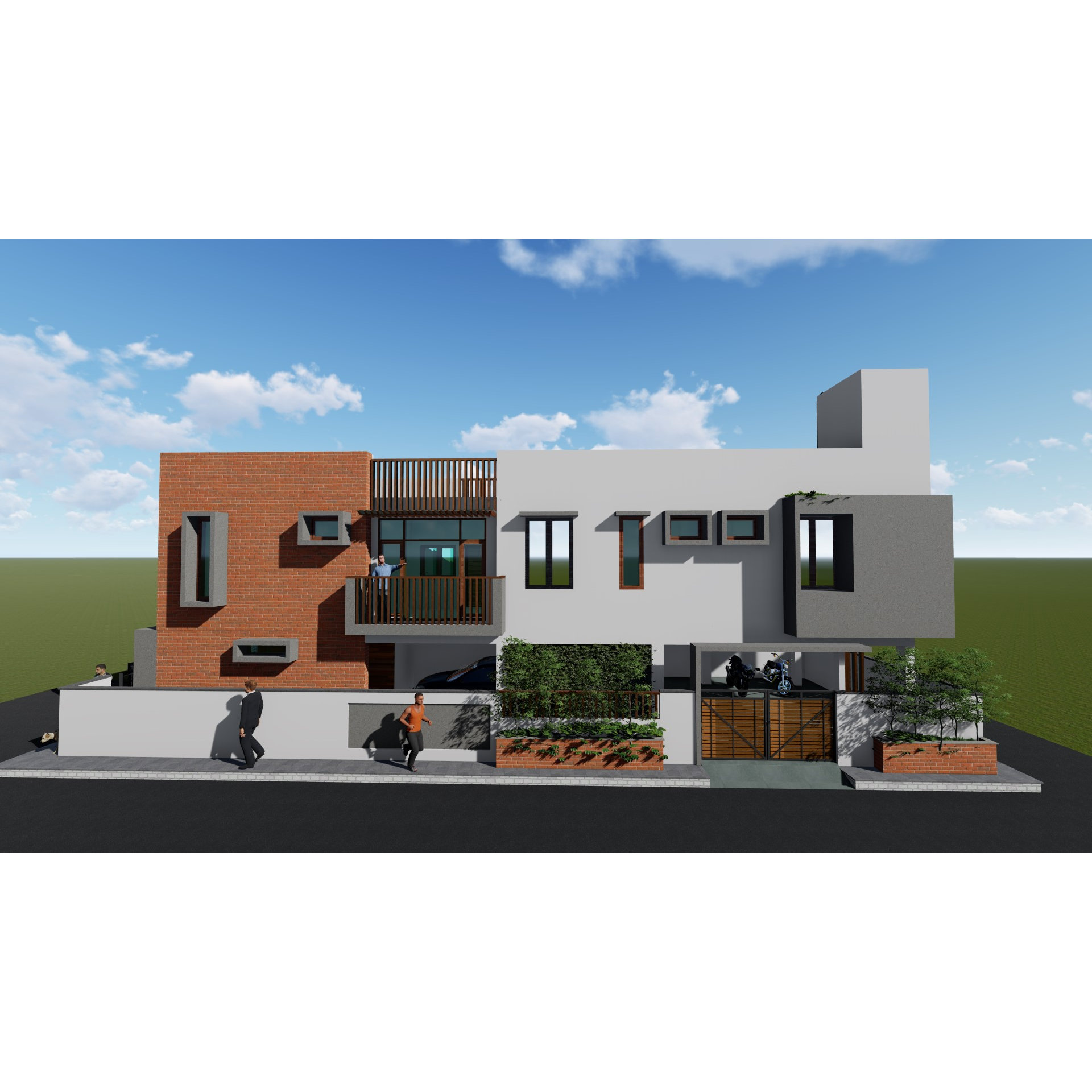 Student hostel front elevation render with red-brick block, balcony, ribbon windows and street-side compound wall, Suryapet