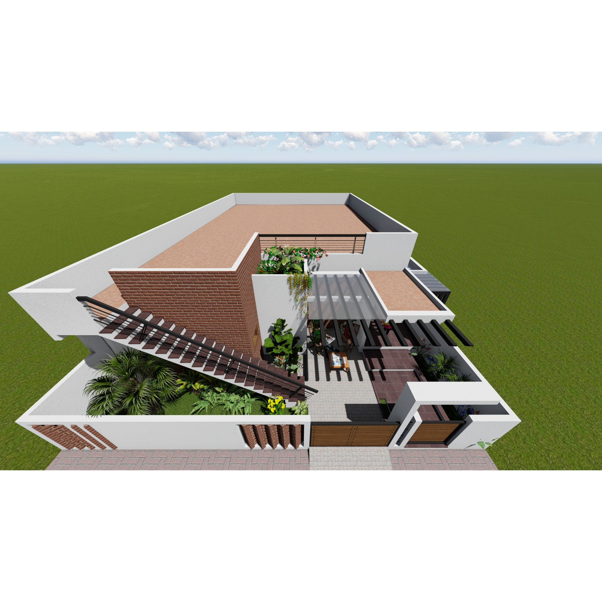Aerial 3D render of a full-home rooftop terrace with brick wall, pergola and landscaped garden, Hyderabad