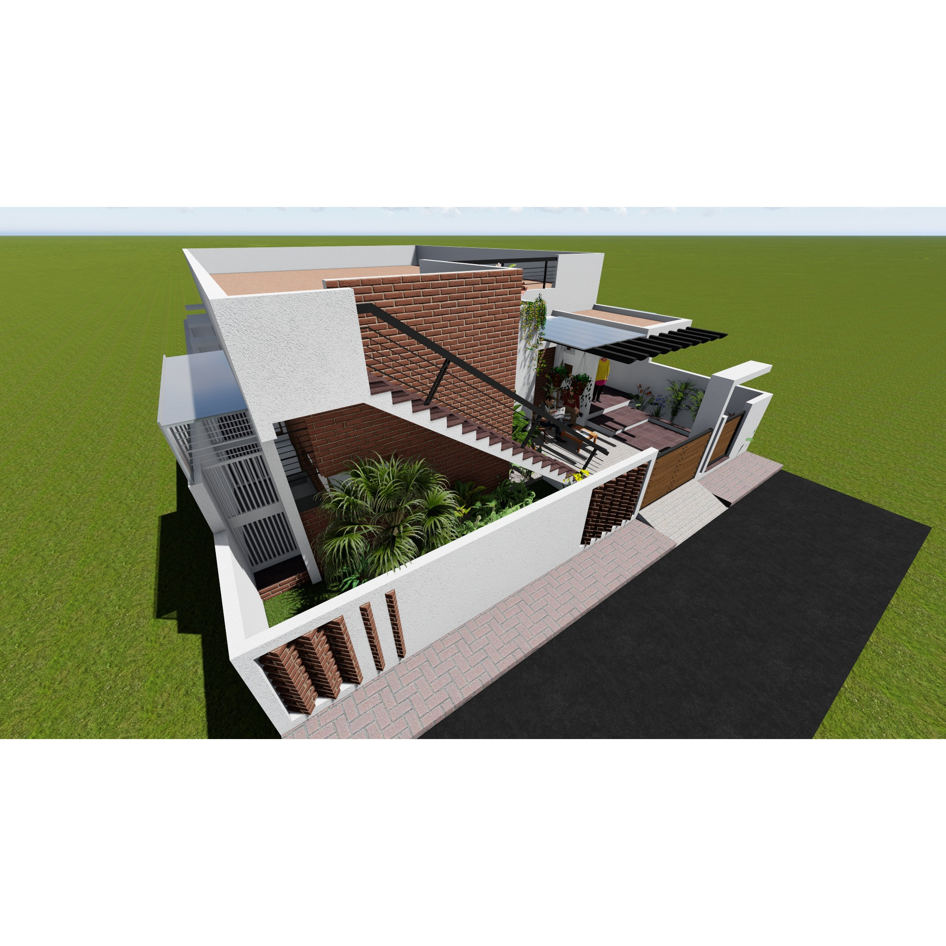 Cutaway 3D render of a Hyderabad home, courtyard with palm tree, exposed brick wall and open staircase